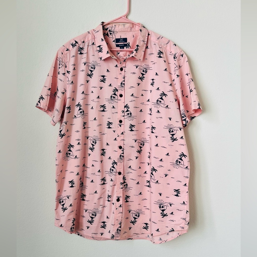 George pink palm tree & skull print button down XL